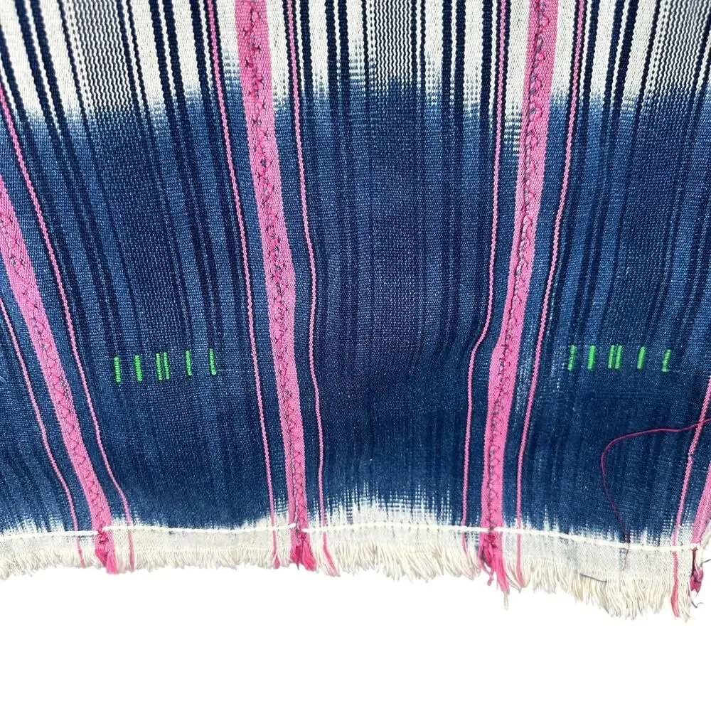 Striped Woven Textile Throw Pink Navy Cream Fringe Boho Global Eclectic Decor